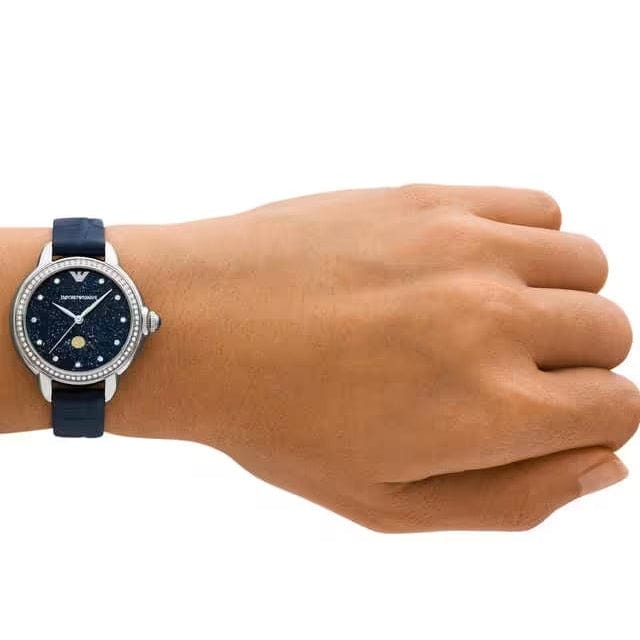 Emporio Armani Mia Moonphase Blue Dial Blue Leather Strap Watch for Women - AR11629