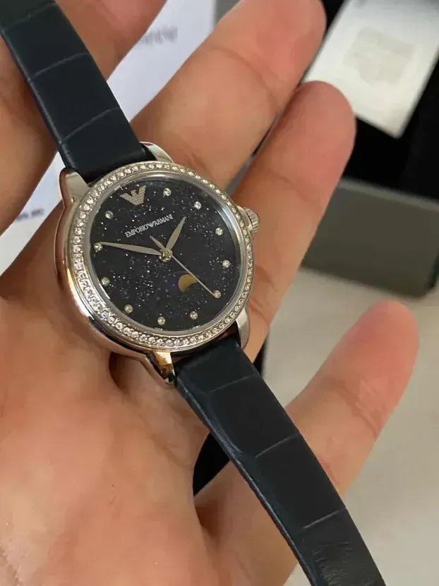 Emporio Armani Mia Moonphase Blue Dial Blue Leather Strap Watch for Women - AR11629