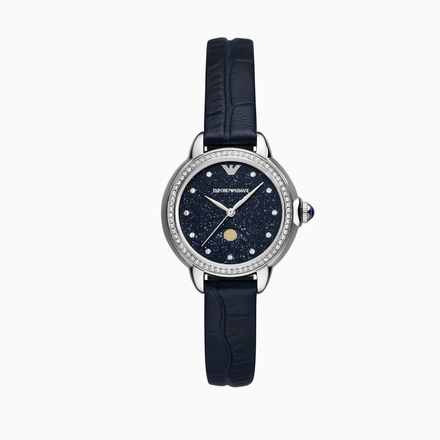 Emporio Armani Mia Moonphase Blue Dial Blue Leather Strap Watch for Women - AR11629