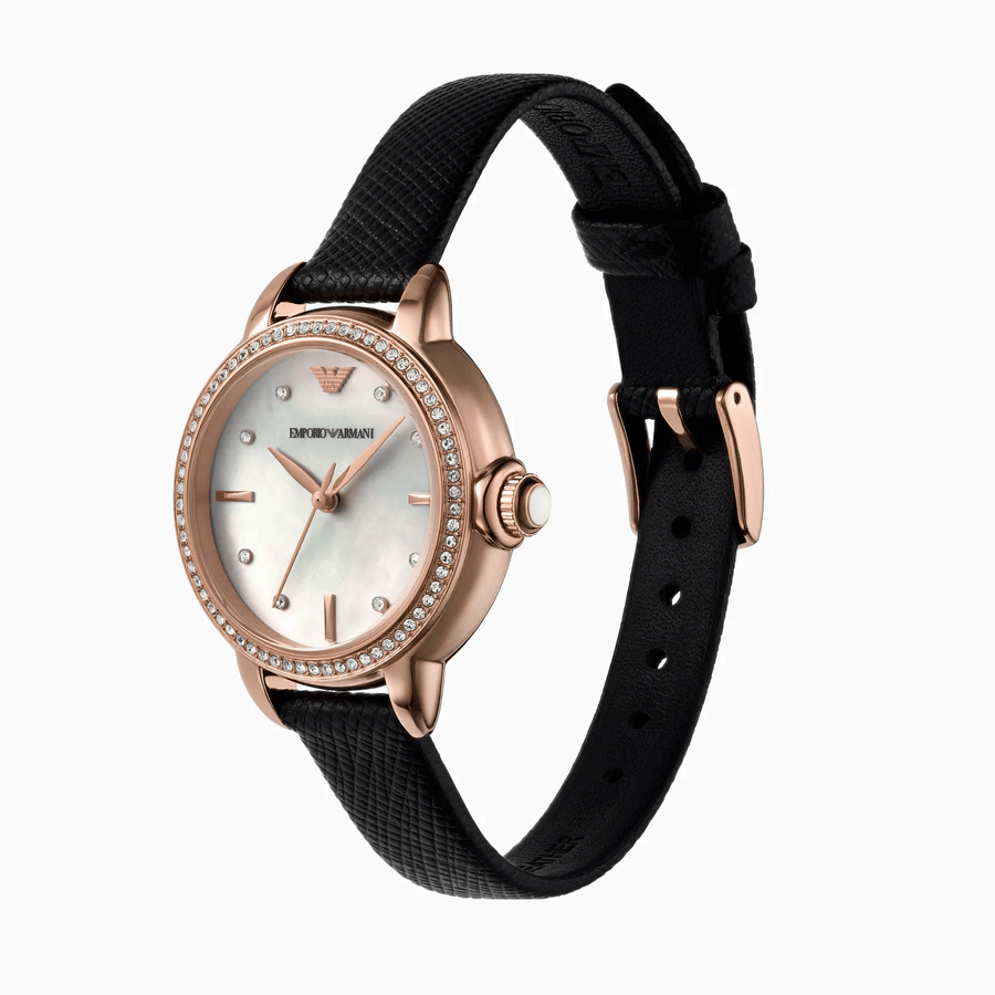 Emporio Armani Mia Mother of Pearl Dial Black Leather Strap Watch for Women - AR11598