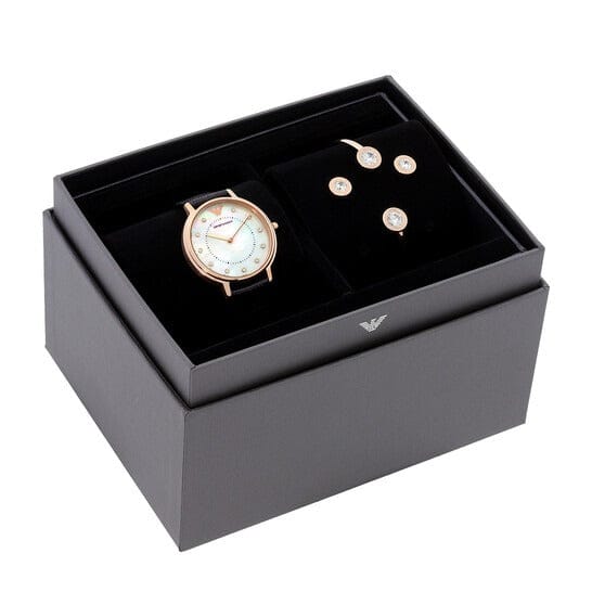 Emporio Armani Mia Mother of Pearl Dial Black Leather Strap Watch for Women - AR11598