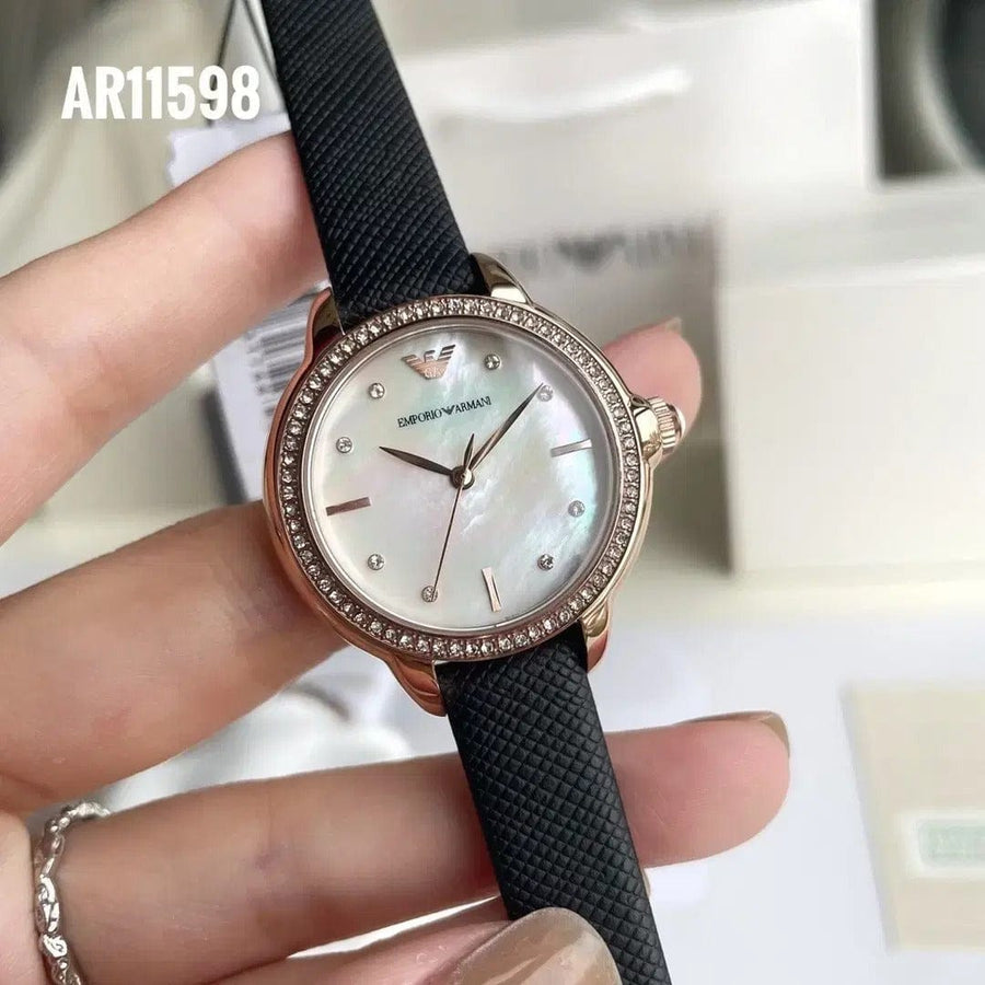 Emporio Armani Mia Mother of Pearl Dial Black Leather Strap Watch for Women - AR11598