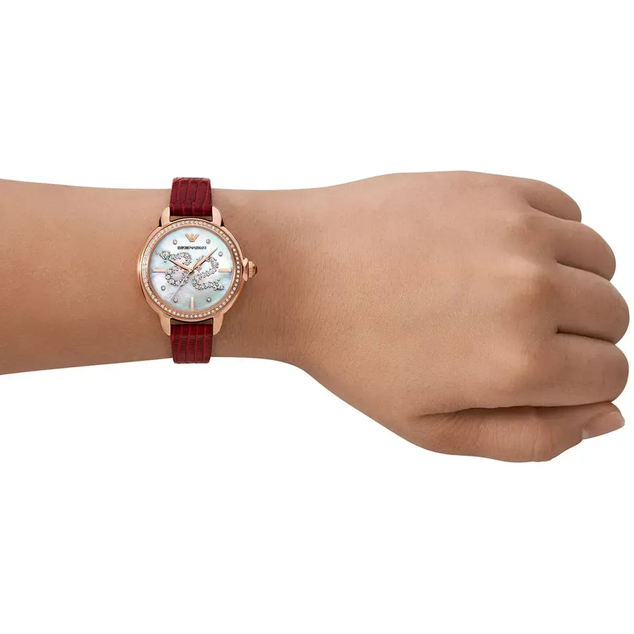 Emporio Armani Mia Mother of Pearl Dial Red Leather Strap Watch for Women - AR11646