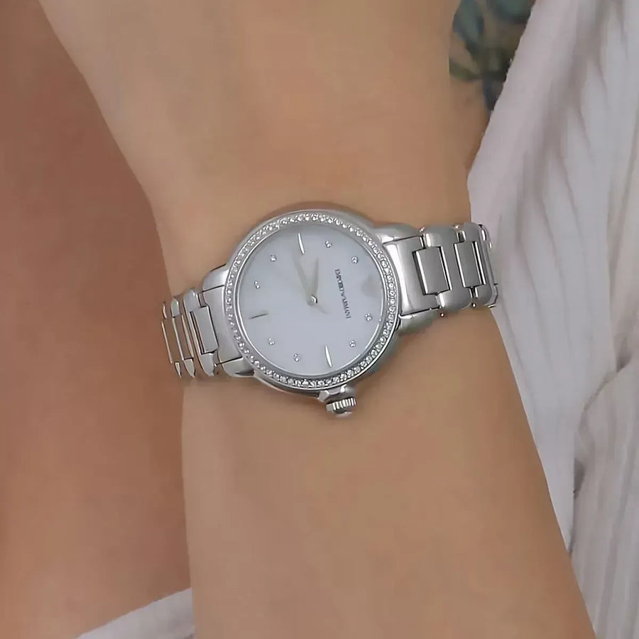Emporio Armani Mia Mother of Pearl Dial Silver Steel Strap Watch for Women - AR11596