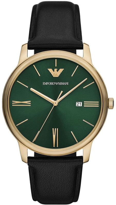 Emporio Armani Minimalist Green Dial Black Leather Strap Watch for Men - AR11601