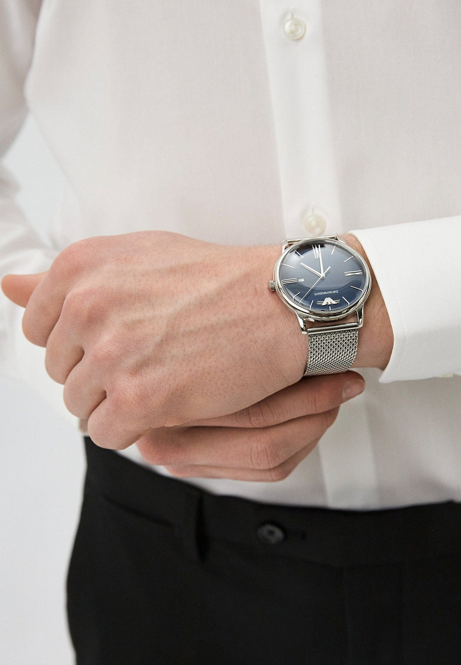 Emporio Armani Minimalist Quartz Blue Dial Silver Steel Strap Watch For Men - AR11571