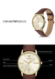 Emporio Armani Minimalist Quartz Gold Dial Brown Leather Strap Watch for Men - AR11610