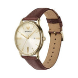 Emporio Armani Minimalist Quartz Gold Dial Brown Leather Strap Watch for Men - AR11610