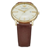 Emporio Armani Minimalist Quartz Gold Dial Brown Leather Strap Watch for Men - AR11610