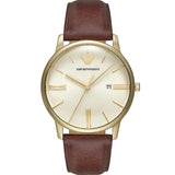 Emporio Armani Minimalist Quartz Gold Dial Brown Leather Strap Watch for Men - AR11610