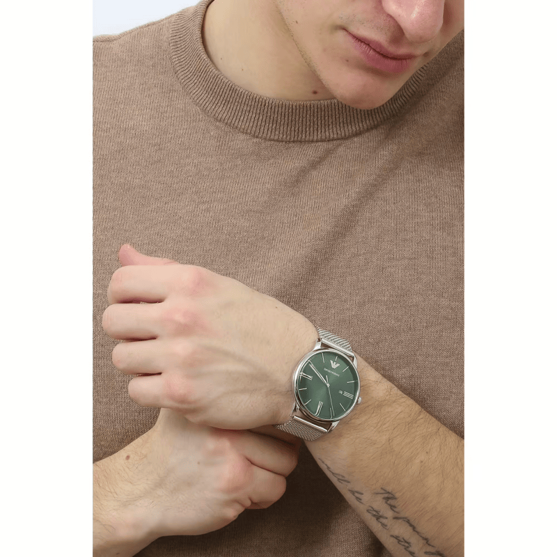 Emporio Armani Minimalist Quartz Green Dial Silver Mesh Bracelet Watch For Men - AR11578