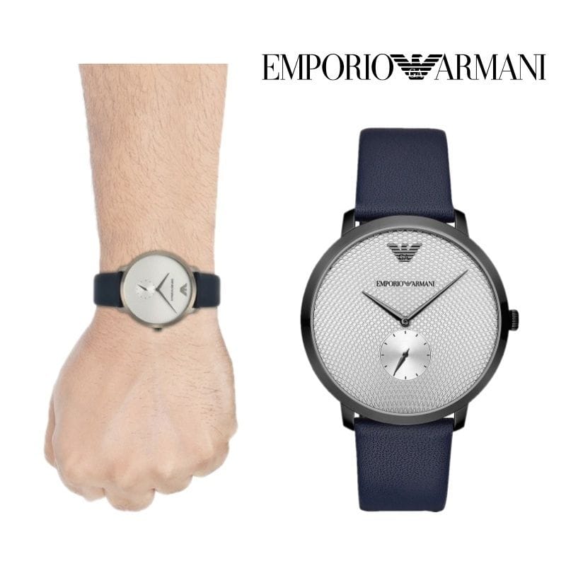 Emporio Armani Modern Slim Analog Silver Dial Blue Leather Strap Watch For Men - AR11214