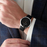 Emporio Armani Modern Slim Quartz Grey Dial Black Leather Strap Watch For Men - AR11162