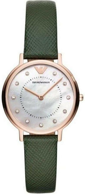 Emporio Armani Mother of Pearl Dial Green Leather Strap Watch For Women - AR11150
