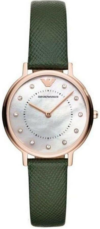 Emporio Armani Mother of Pearl Dial Green Leather Strap Watch For Women - AR11150