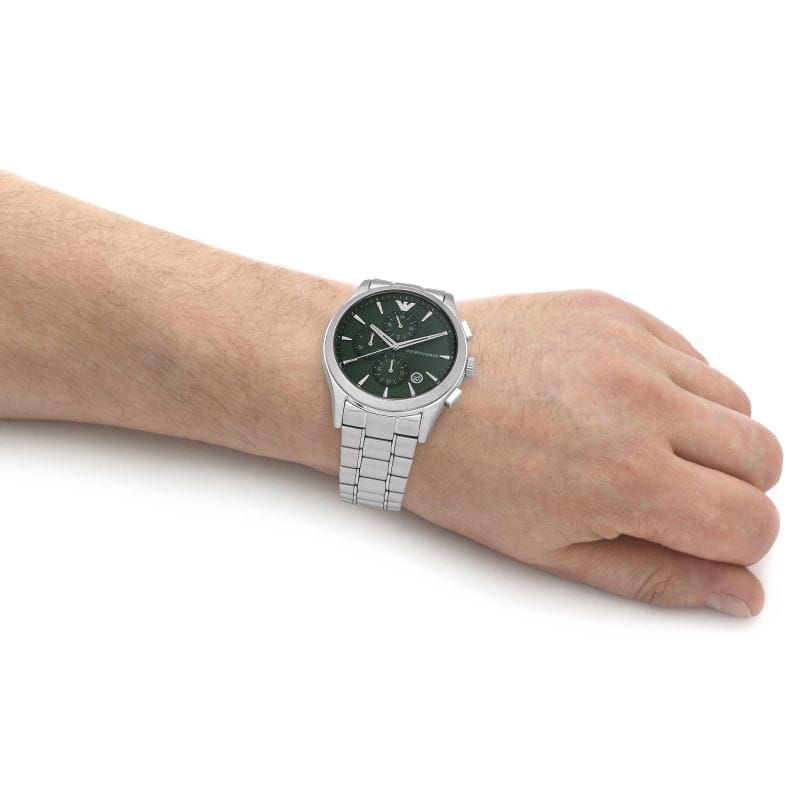Emporio Armani Paolo Chronograph Green Dial Silver Steel Strap Watch For Men - AR11529