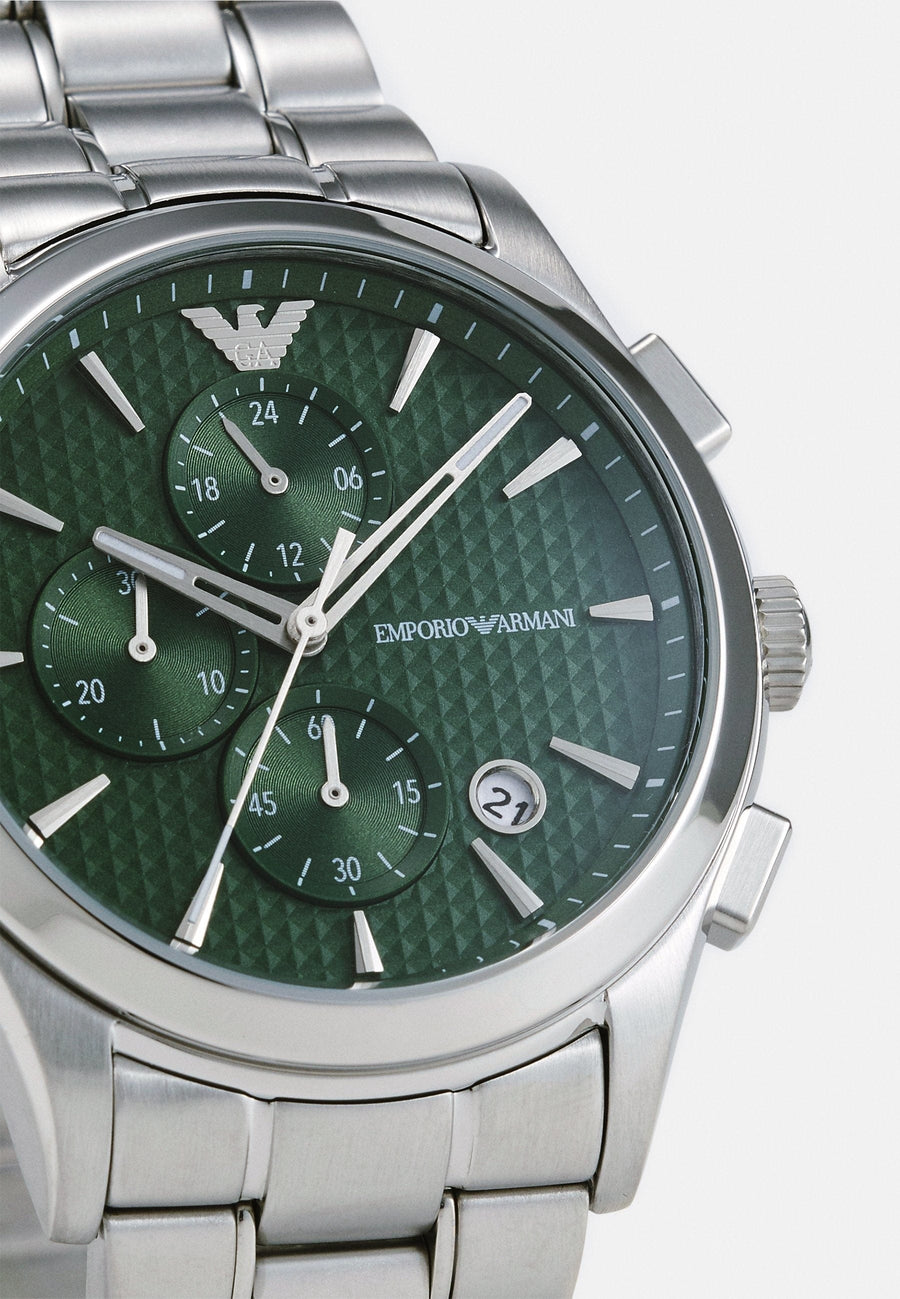 Emporio Armani Paolo Chronograph Green Dial Silver Steel Strap Watch For Men - AR11529