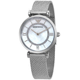 Emporio Armani Gianni T-Bar Quartz Mother of Pearl Dial Silver Mesh Bracelet Watch For Women - AR11319