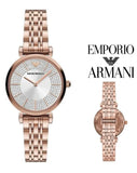 Emporio Armani Gianni T-Bar Crystals Silver Dial Rose Gold Steel Strap Watch For Women - AR11446