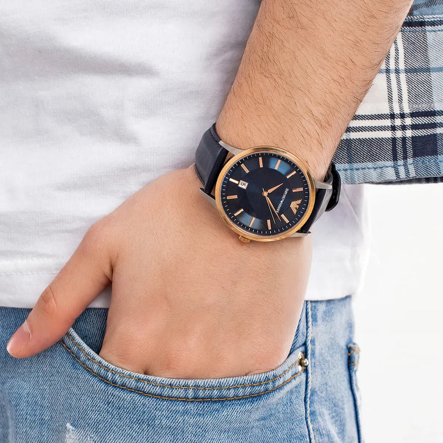 Emporio Armani Renato Analog Blue Dial Blue Leather Strap Watch For Men - AR11188