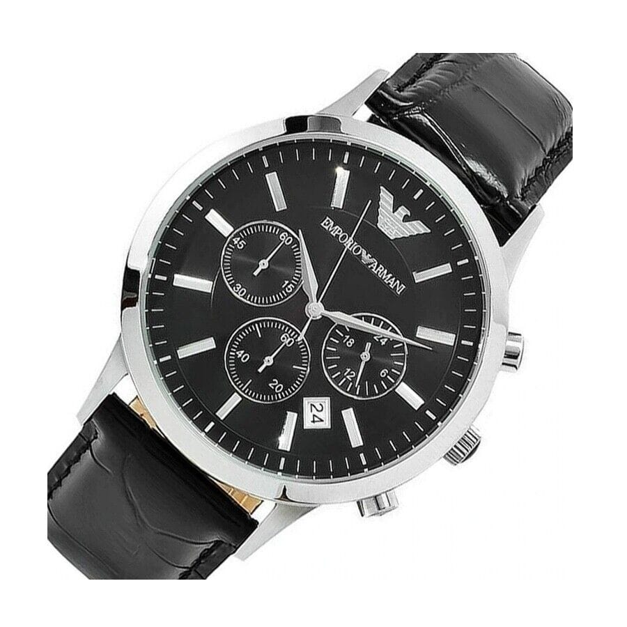 Emporio Armani Renato Chronograph Black Dial Black Leather Strap Watch For Men - AR2447