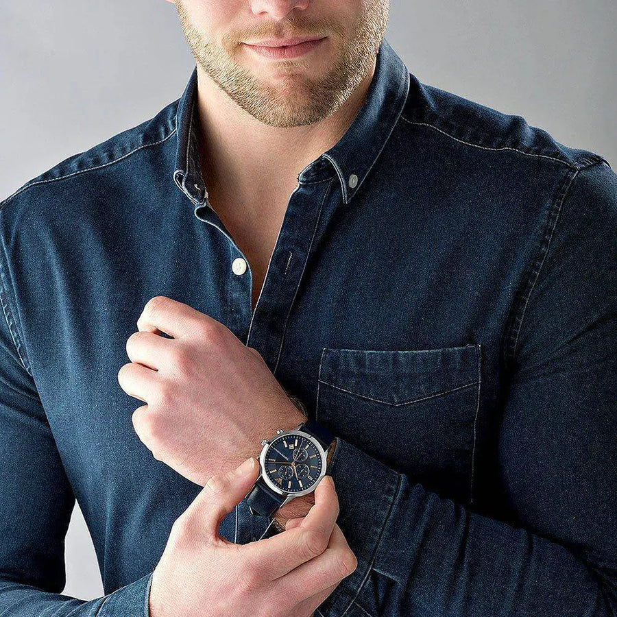Emporio Armani Renato Chronograph Blue Dial Black Leather Strap Watch For Men - AR11216