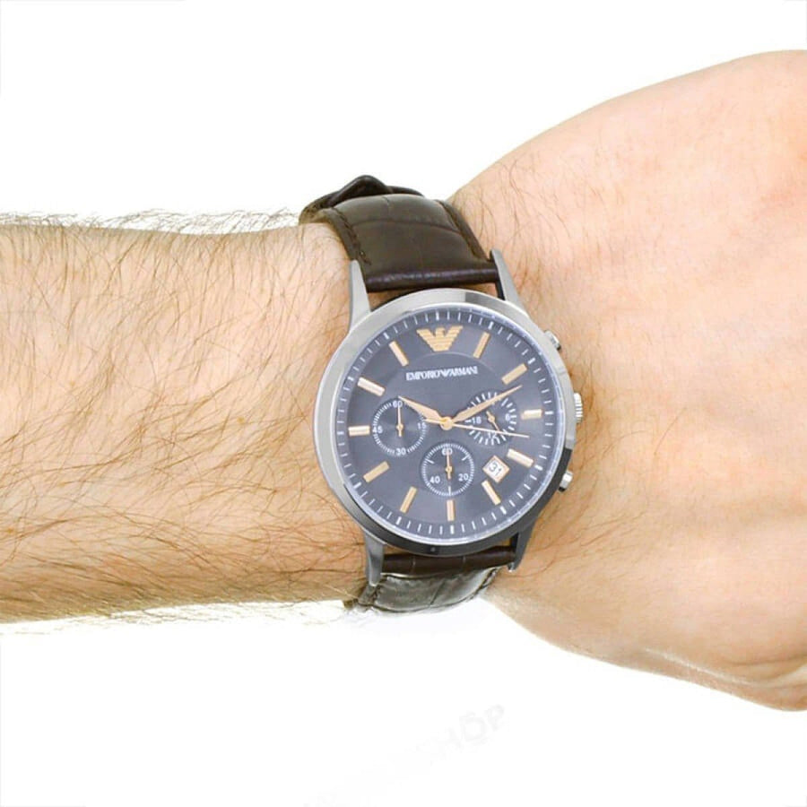 Emporio Armani Renato Chronograph Grey Dial Brown Leather Strap Watch For Men - AR2513
