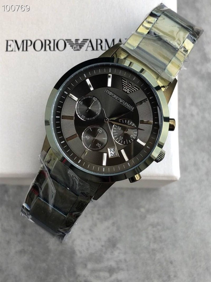Emporio Armani Renato Chronograph Quartz Grey Dial Green Steel Strap  Watch For Men - AR11117