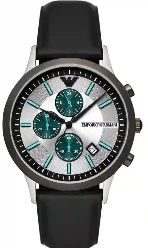 Emporio Armani Renato Chronograph Silver Dial Black Leather Strap Watch for Men - AR11473