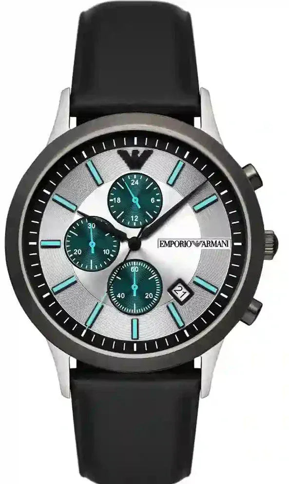 Emporio Armani Renato Chronograph Silver Dial Black Leather Strap Watch for Men - AR11473
