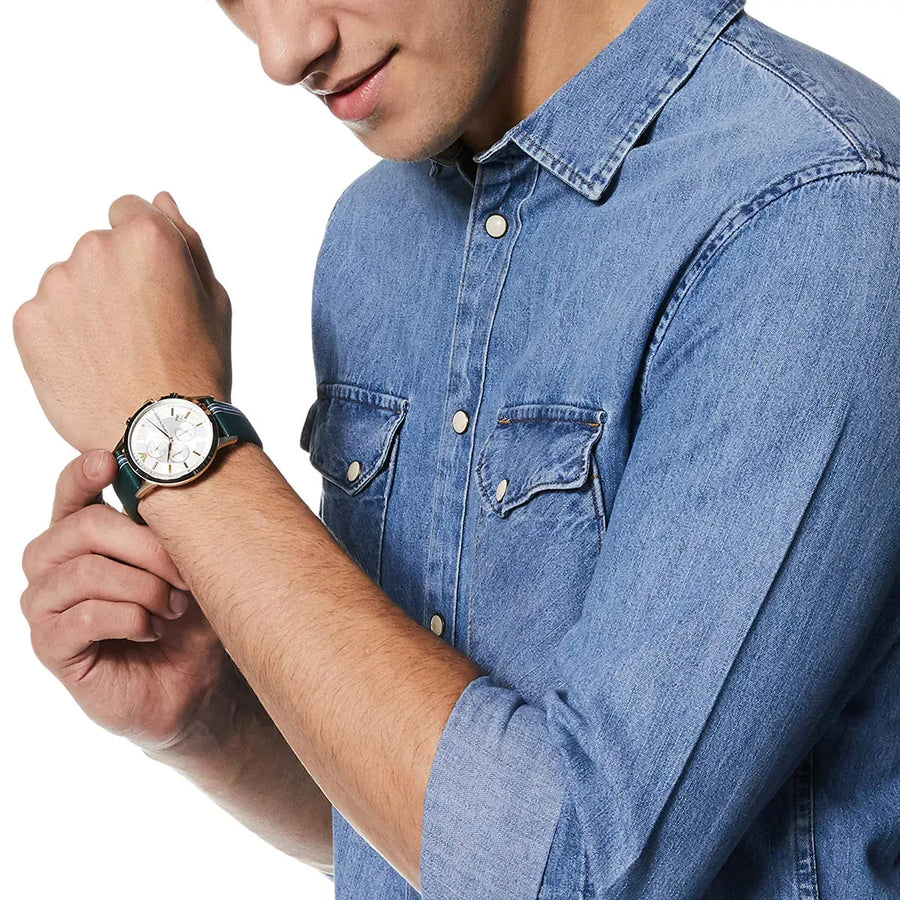 Emporio Armani Renato Chronograph Silver Dial Green Leather Strap Watch For Men - AR11233