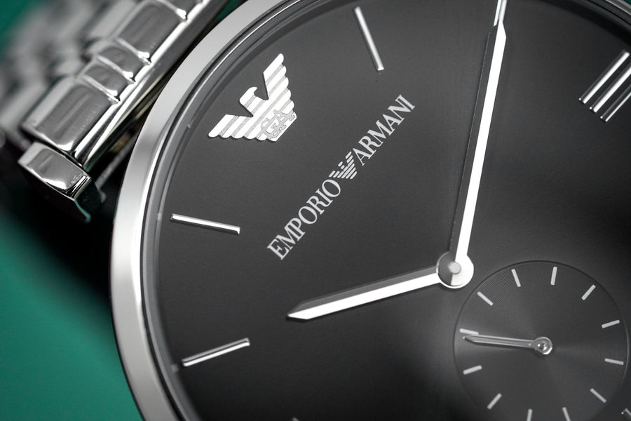 Emporio Armani Retro Black Dial Silver Steel Strap Watch For Men - AR1676