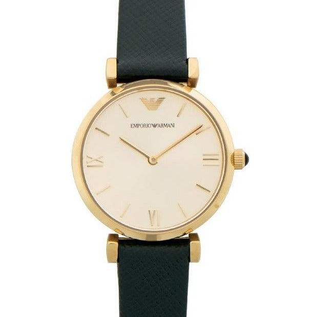 Emporio Armani Retro Champagne Beige Dial Green Leather Strap Watch For Women - AR1726
