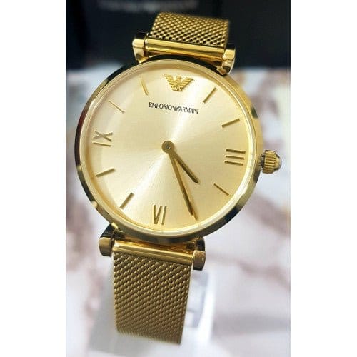 Emporio Armani Retro Gold Dial Gold Mesh Bracelet Watch For Women - AR1957