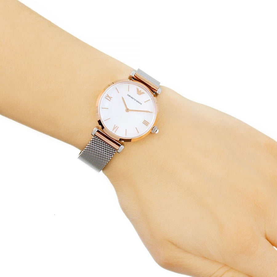 Emporio Armani Retro Mother of Pearl Dial Silver Mesh Bracelet Watch For Women - AR2067