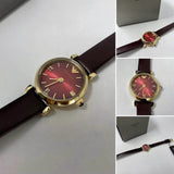 Emporio Armani Gianni T Bar Burgundy Dial Burgundy Leather Strap Watch For Women - AR1758