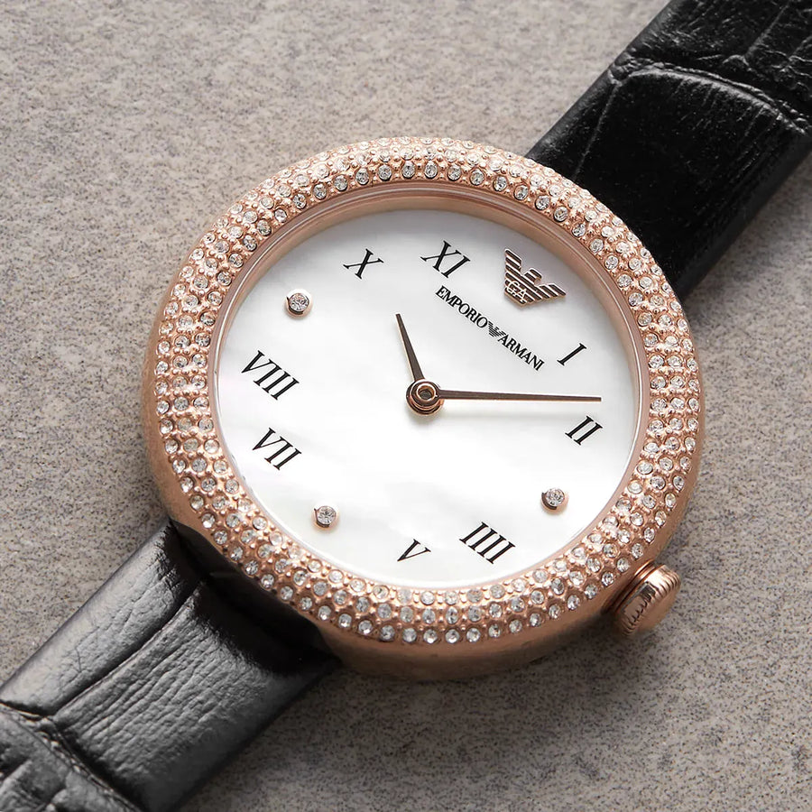 Emporio Armani Rosa Quartz Mother Of Pearl White Dial Black Leather Strap Watch For Women - AR11356