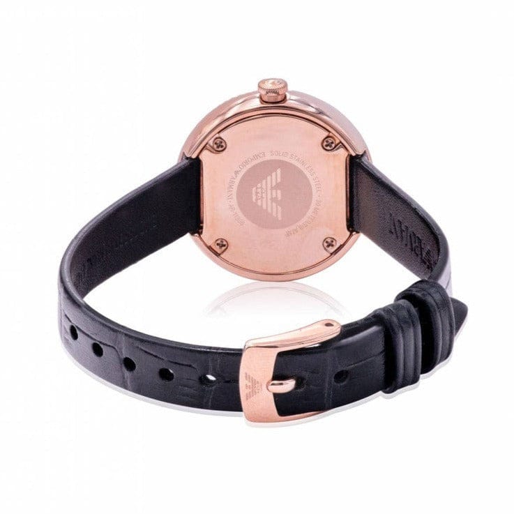 Emporio Armani Rosa Quartz Mother Of Pearl White Dial Black Leather Strap Watch For Women - AR11356