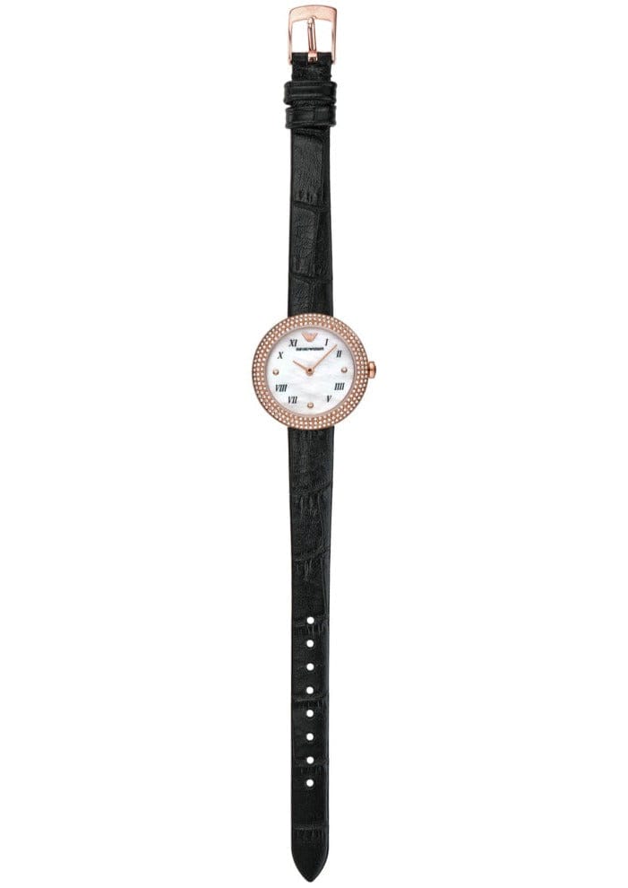 Emporio Armani Rosa Quartz Mother Of Pearl White Dial Black Leather Strap Watch For Women - AR11356
