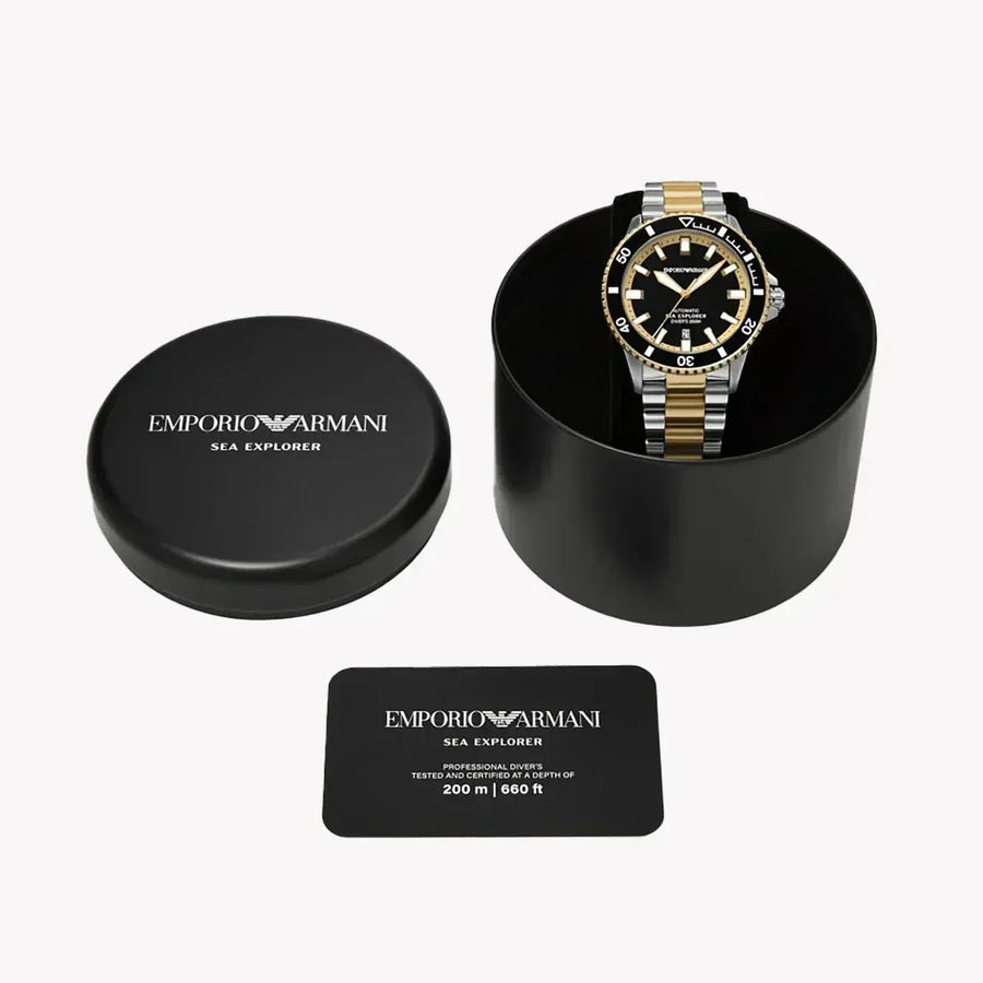 Emporio Armani Sea Explorer Black Dial Two Tone Steel Strap Watch for Men - AR60089