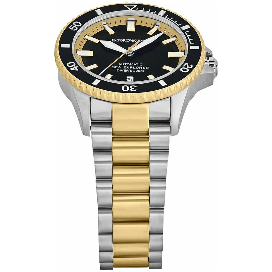 Emporio Armani Sea Explorer Black Dial Two Tone Steel Strap Watch for Men - AR60089