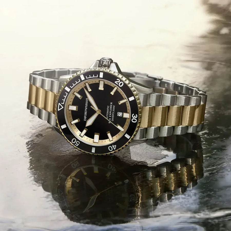 Emporio Armani Sea Explorer Black Dial Two Tone Steel Strap Watch for Men - AR60089