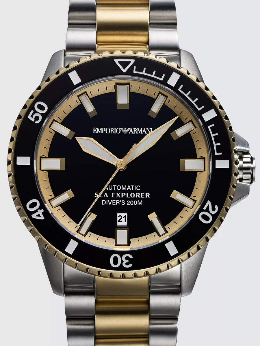 Emporio Armani Sea Explorer Black Dial Two Tone Steel Strap Watch for Men - AR60089