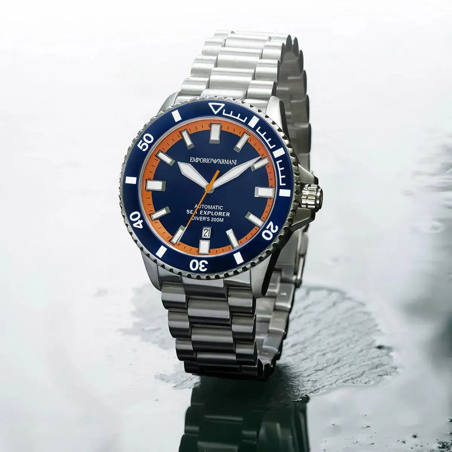 Emporio Armani Sea Explorer Blue Dial Silver Steel Strap Watch for Men - AR60090