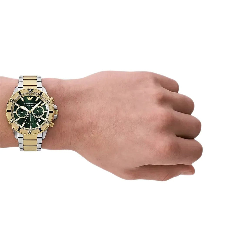 Emporio Armani Sea Explorer Chronograph Green Dial Two Tone Steel Strap Watch for Men - AR11586