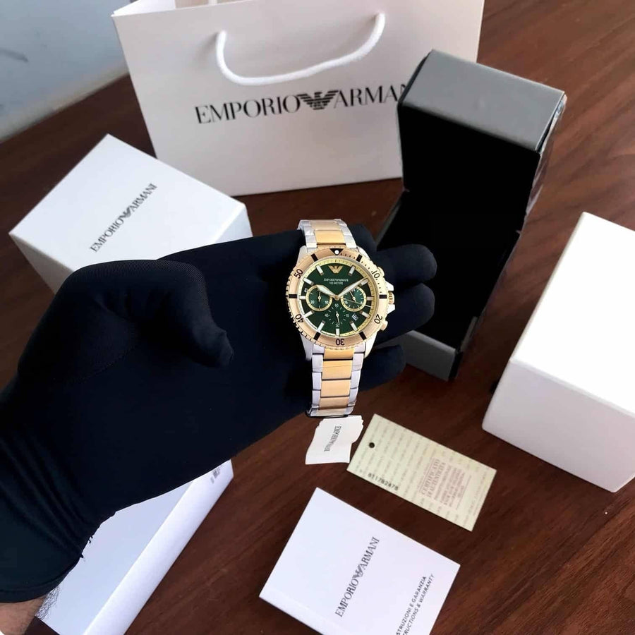 Emporio Armani Sea Explorer Chronograph Green Dial Two Tone Steel Strap Watch for Men - AR11586