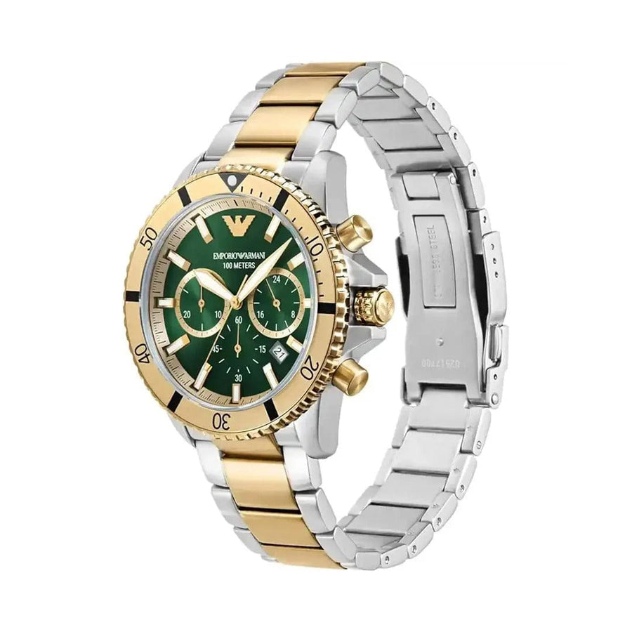 Emporio Armani Sea Explorer Chronograph Green Dial Two Tone Steel Strap Watch for Men - AR11586