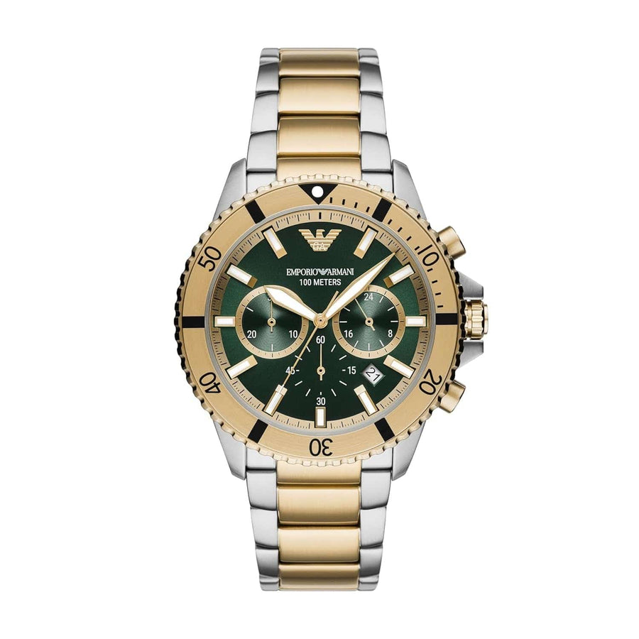 Emporio Armani Sea Explorer Chronograph Green Dial Two Tone Steel Strap Watch for Men - AR11586