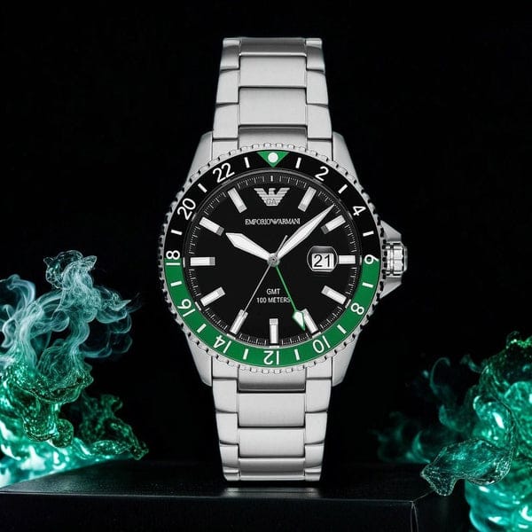 Emporio Armani Sea Explorer GMT Quartz Black Dial Silver Steel Strap Watch For Men - AR11589