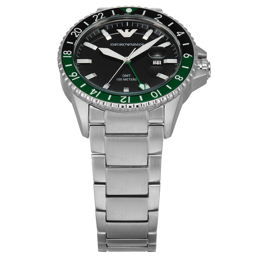 Emporio Armani Sea Explorer GMT Quartz Black Dial Silver Steel Strap Watch For Men - AR11589